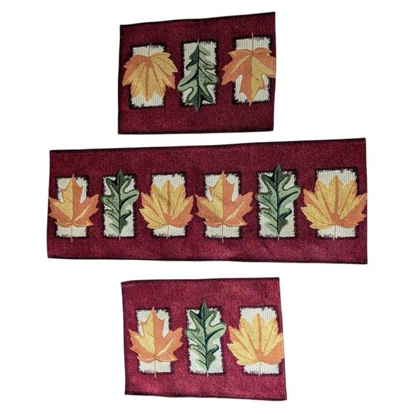 Fall Leaves Thanksgiving Table Runner 2 Placemats Upholstery Maroon Gold Green - Picture 1 of 4